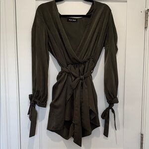 Style Rack Dark Olive Romper with Tie Sleeves